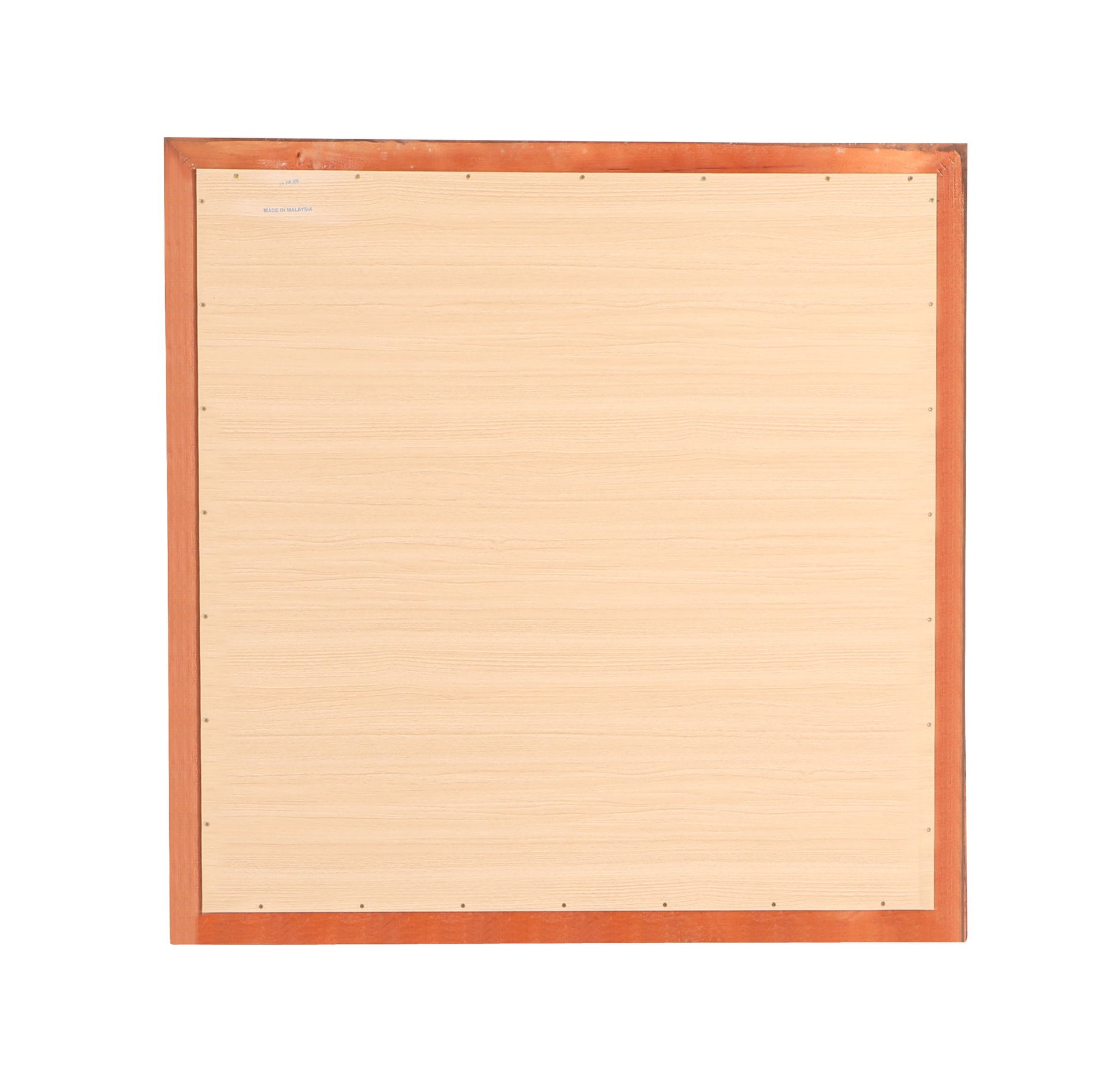 A Modern Design Transitional Wall Mirror, square-shaped with a light wood center and darker wood border, is shown from above against a white background. Small nails or pins are evenly spaced around its edges.