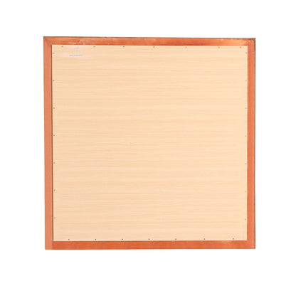 A Modern Design Transitional Wall Mirror, square-shaped with a light wood center and darker wood border, is shown from above against a white background. Small nails or pins are evenly spaced around its edges.
