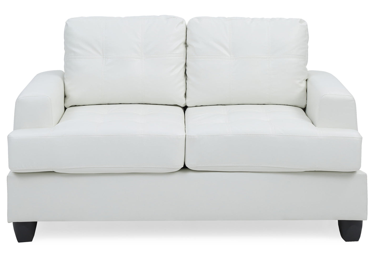 The Stylish Transitional Loveseat For Two features tufted cushions, square armrests, and dark wooden legs in a modern white design, shown from the front against a plain background.