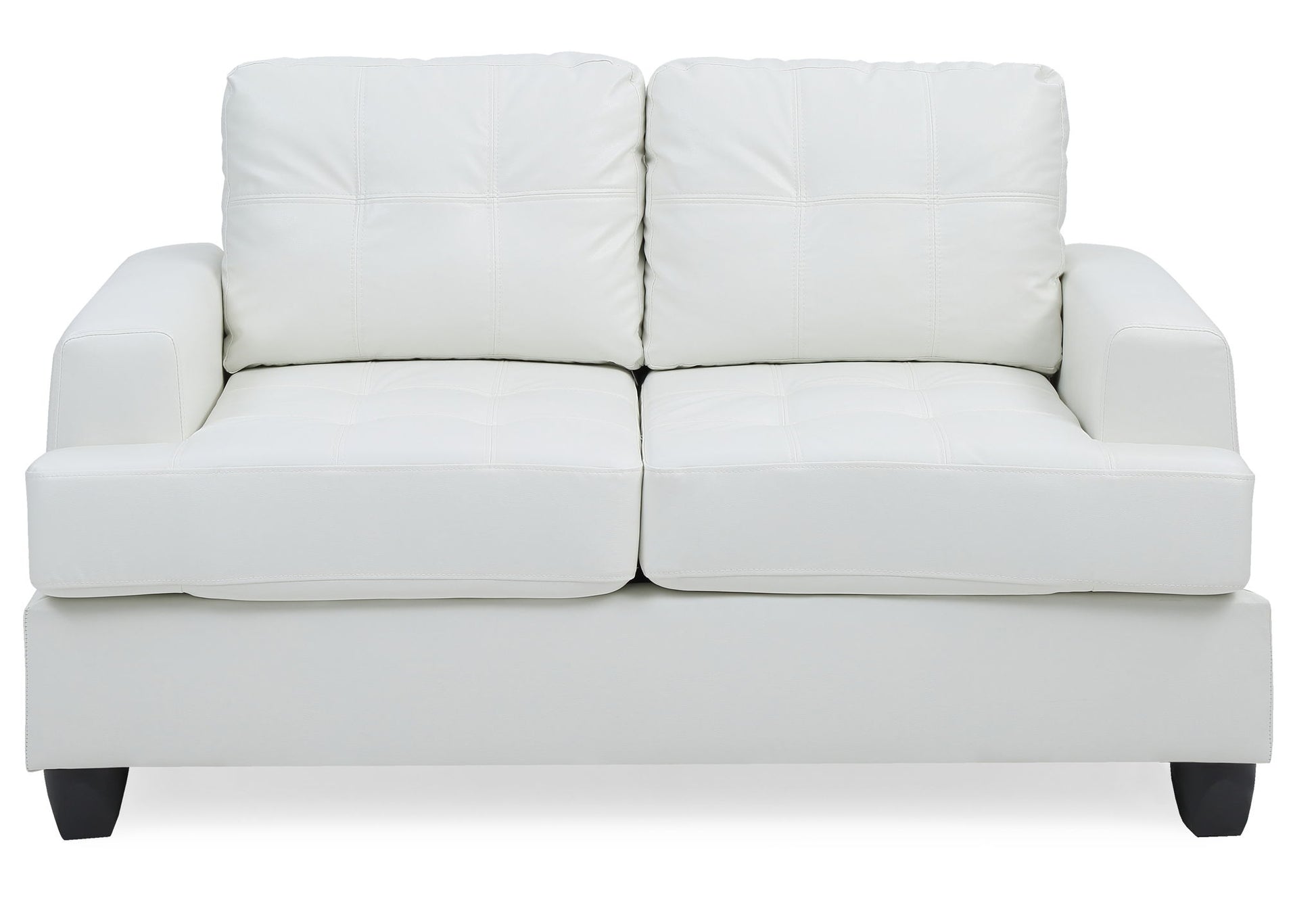 The Stylish Transitional Loveseat For Two features tufted cushions, square armrests, and dark wooden legs in a modern white design, shown from the front against a plain background.