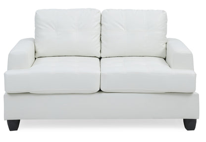 The Stylish Transitional Loveseat For Two features tufted cushions, square armrests, and dark wooden legs in a modern white design, shown from the front against a plain background.