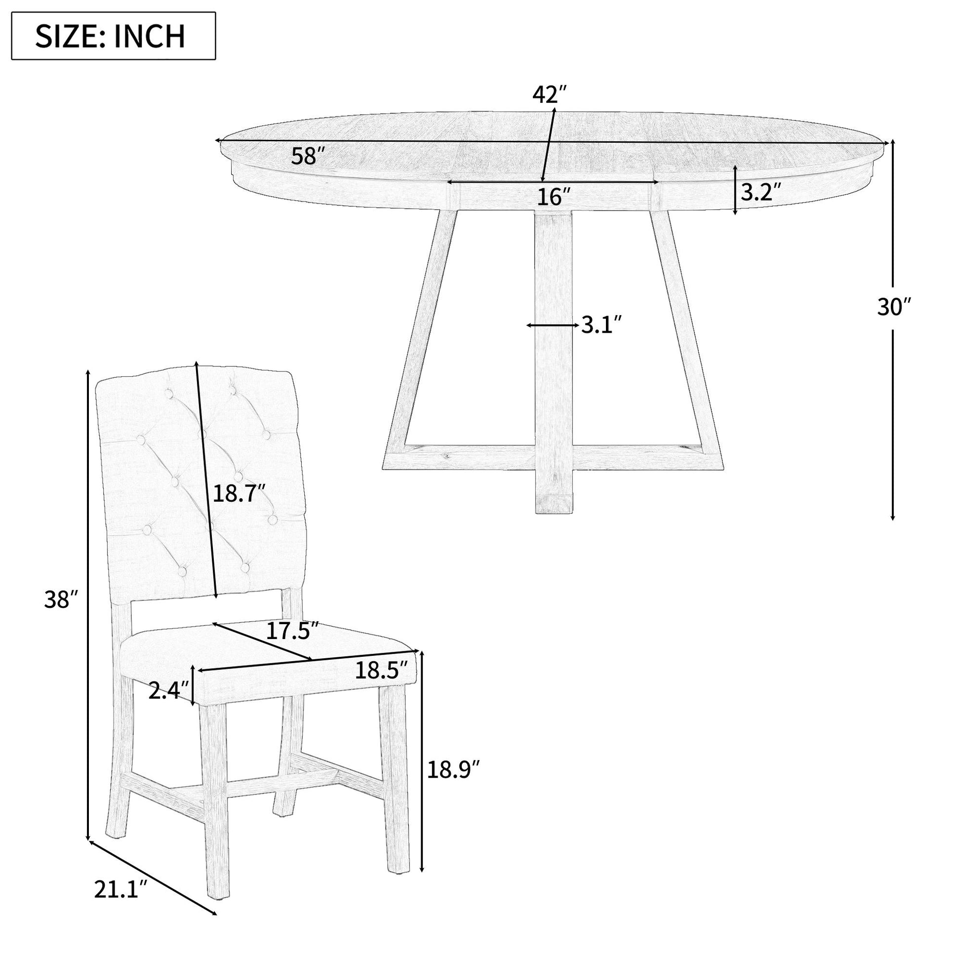 Black and white diagram of the Retro Functional Dining Set: round table with leaf (30"H x 42"W) and upholstered chair (38"H x 18.5"W x 21.1"D), with seat and leg dimensions labeled in inches for dining or living room use.