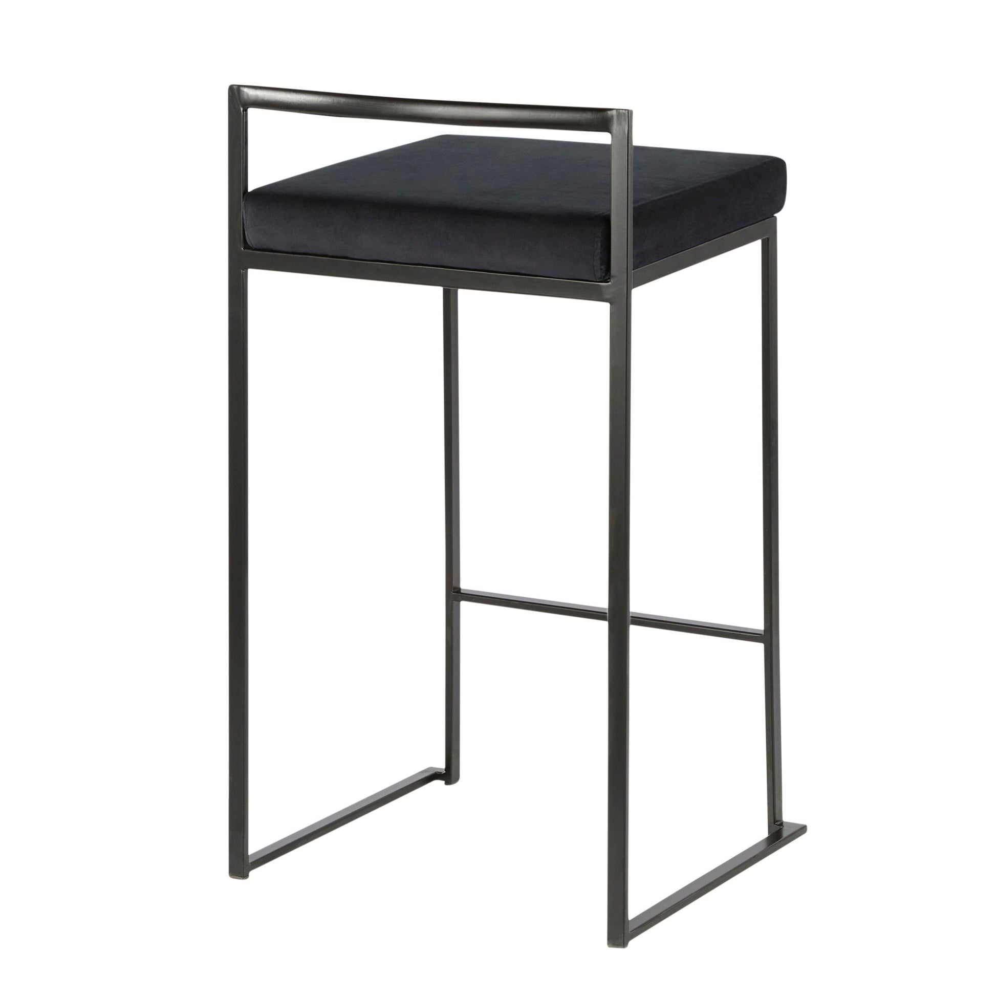 The Fuji - Contemporary Style Stackable Counter Stool features a minimalist black metal frame, a rectangular black fabric cushioned seat, low backrest, and open sides for a sleek modern look.