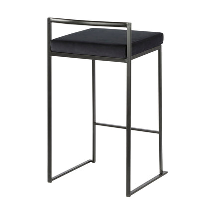 The Fuji - Contemporary Style Stackable Counter Stool features a minimalist black metal frame, a rectangular black fabric cushioned seat, low backrest, and open sides for a sleek modern look.