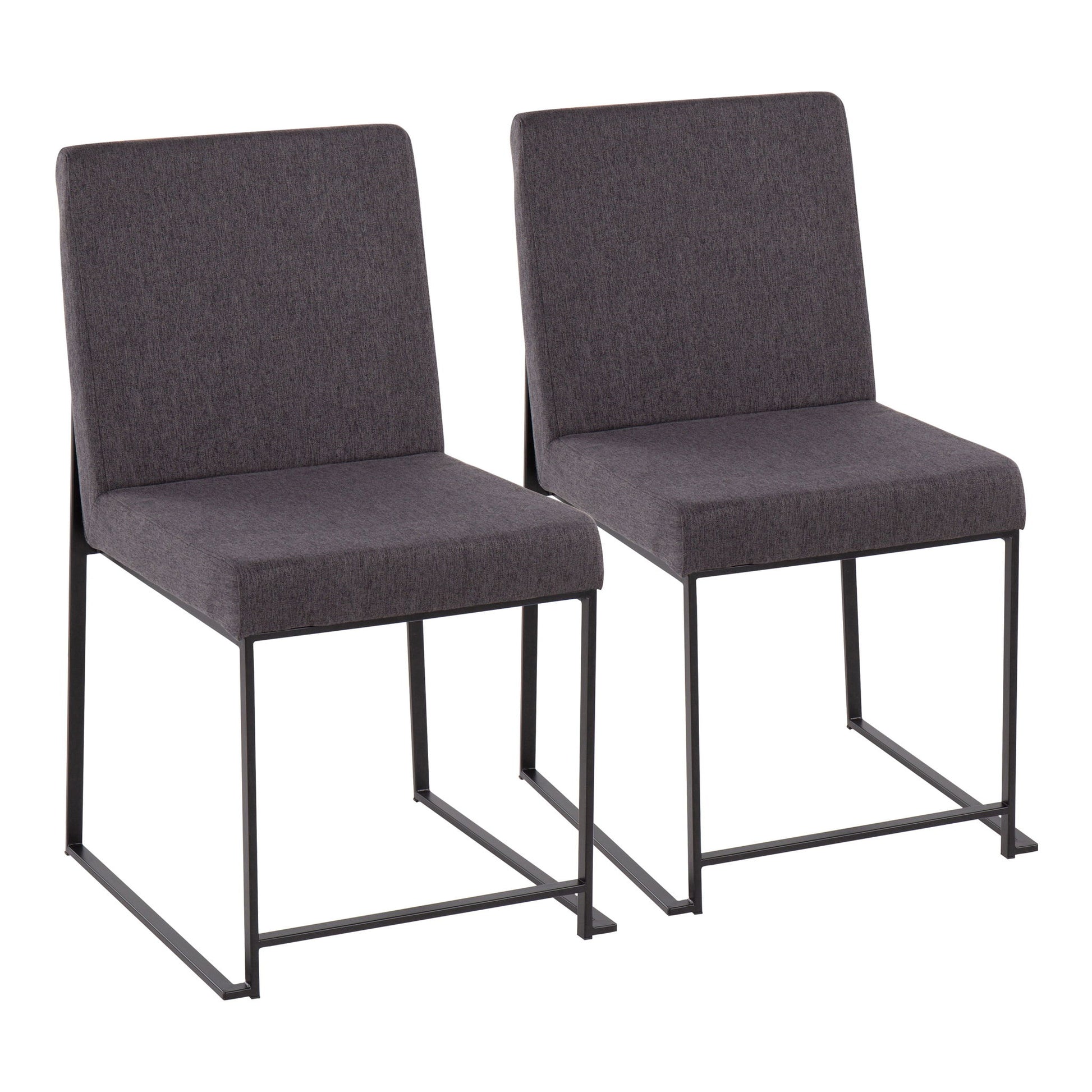The Fuji set of 2 dining chairs features contemporary modern elegance with high backs, dark gray upholstered seats and backs, and sleek black metal sled-style legs, shown side by side against a white background.