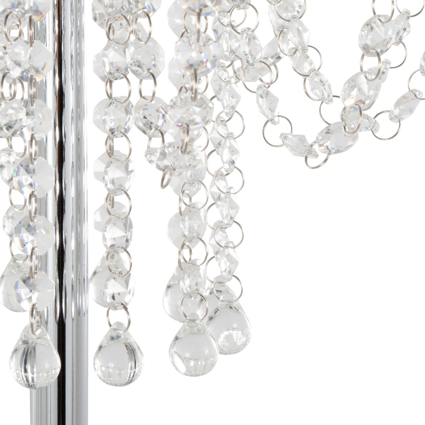 Close-up of clear crystal beads and teardrop-shaped pendants on metal chains reflecting light, featured on the Droplet Contemporary Floor Lamp in polished chrome and clear, set against a white background.