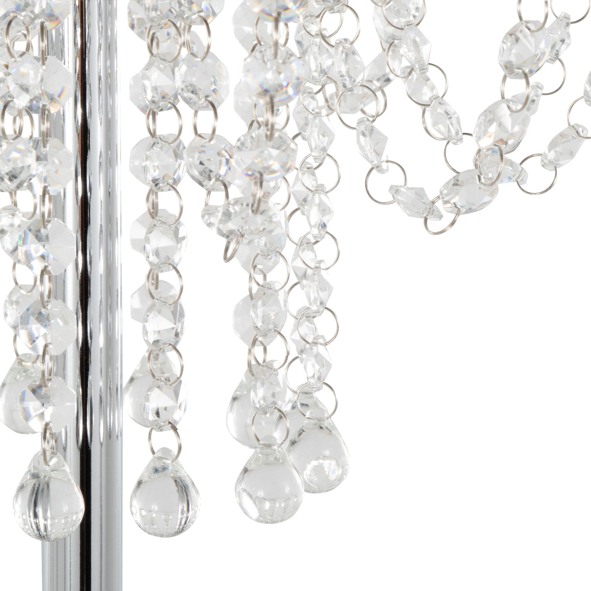 Close-up of clear crystal beads and teardrop-shaped pendants on metal chains reflecting light, featured on the Droplet Contemporary Floor Lamp in polished chrome and clear, set against a white background.