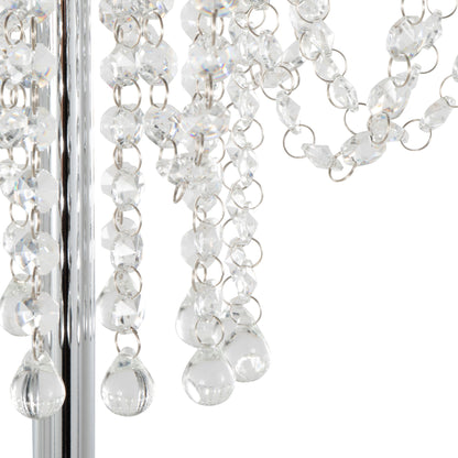 Close-up of clear crystal beads and teardrop-shaped pendants on metal chains reflecting light, featured on the Droplet Contemporary Floor Lamp in polished chrome and clear, set against a white background.