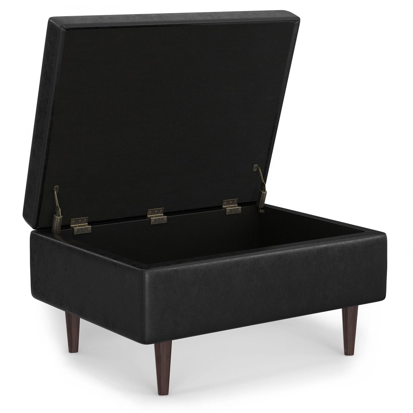 The Shay Large Square Coffee Table Storage Ottoman in black features a mid-century style with short, angled wooden legs, an open hinged lid, and an empty interior perfect for storage.