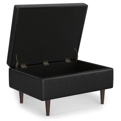 The Shay Large Square Coffee Table Storage Ottoman in black features a mid-century style with short, angled wooden legs, an open hinged lid, and an empty interior perfect for storage.