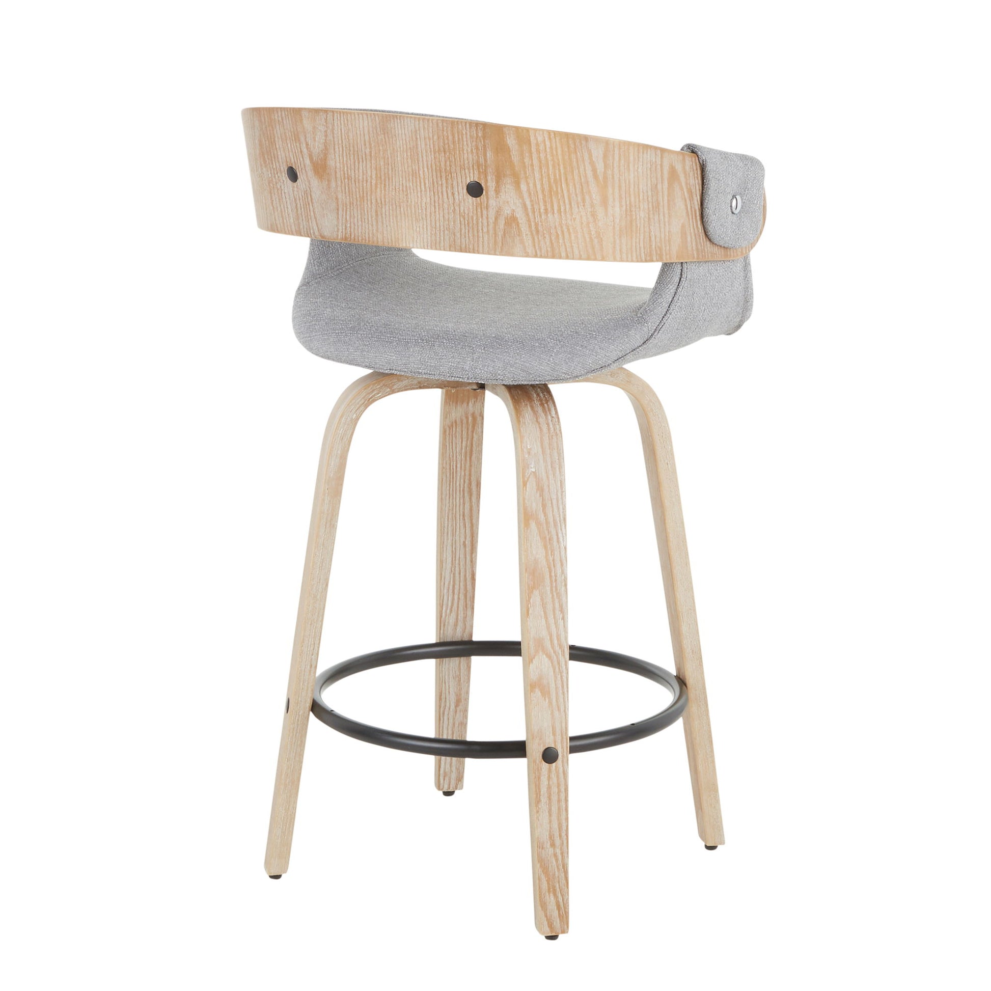 The Elisa - Farmhouse Counter Stool (Set of 2) in White Washed/Gray features light wood legs, a round black metal footrest, and a curved wooden backrest with partial light gray fabric upholstery.