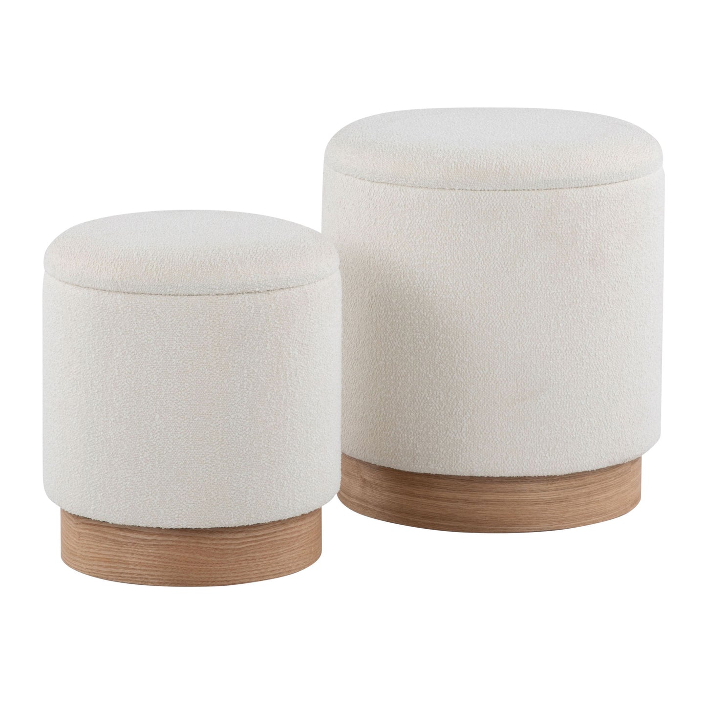 The Marla Contemporary Nesting Ottoman Set in Natural/Cream features two round ottomans with plush upholstered tops and wooden bases, one slightly taller and larger, designed to nest side by side.
