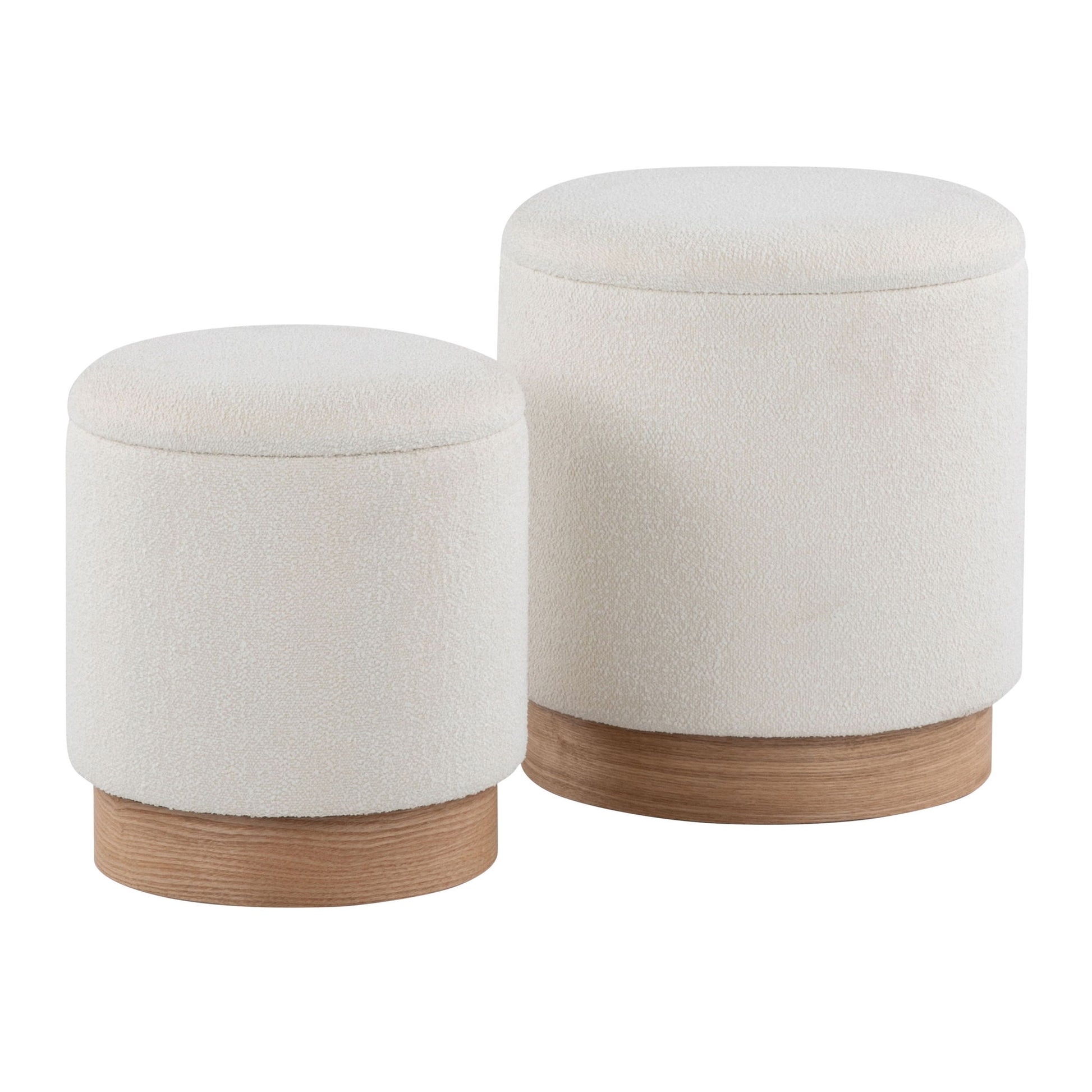 The Marla Contemporary Nesting Ottoman Set in Natural/Cream features two round ottomans with plush upholstered tops and wooden bases, one slightly taller and larger, designed to nest side by side.