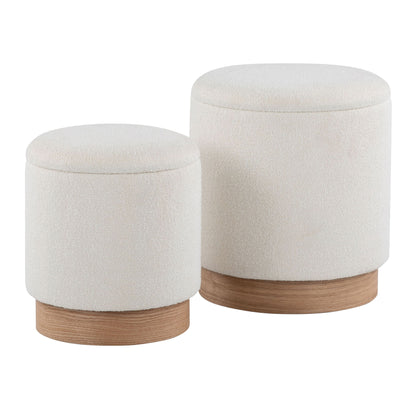 The Marla Contemporary Nesting Ottoman Set in Natural/Cream features two round ottomans with plush upholstered tops and wooden bases, one slightly taller and larger, designed to nest side by side.