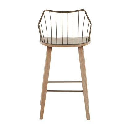 The Winston - Farmhouse Counter Stool features a light wooden seat and legs paired with a black metal backrest of vertical rods, creating a minimalist and contemporary look.