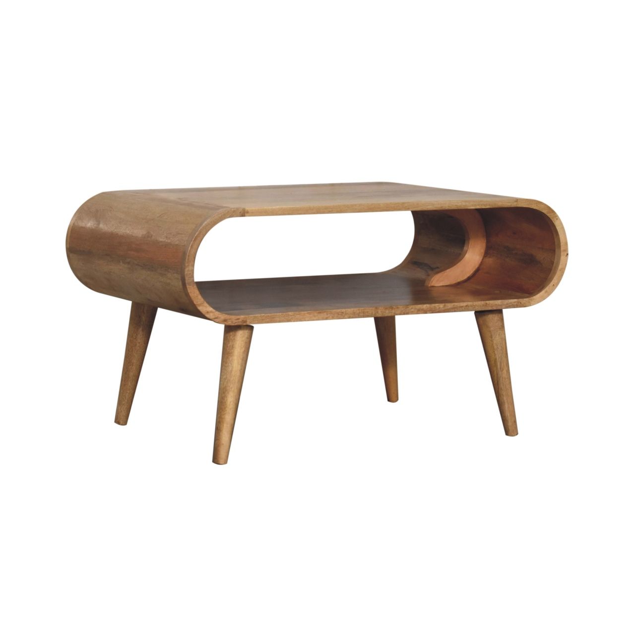 The Solid Wood Open Coffee Table features rounded edges, a central open oval shelf, and four angled legs, offering a stylish mid-century modern look.