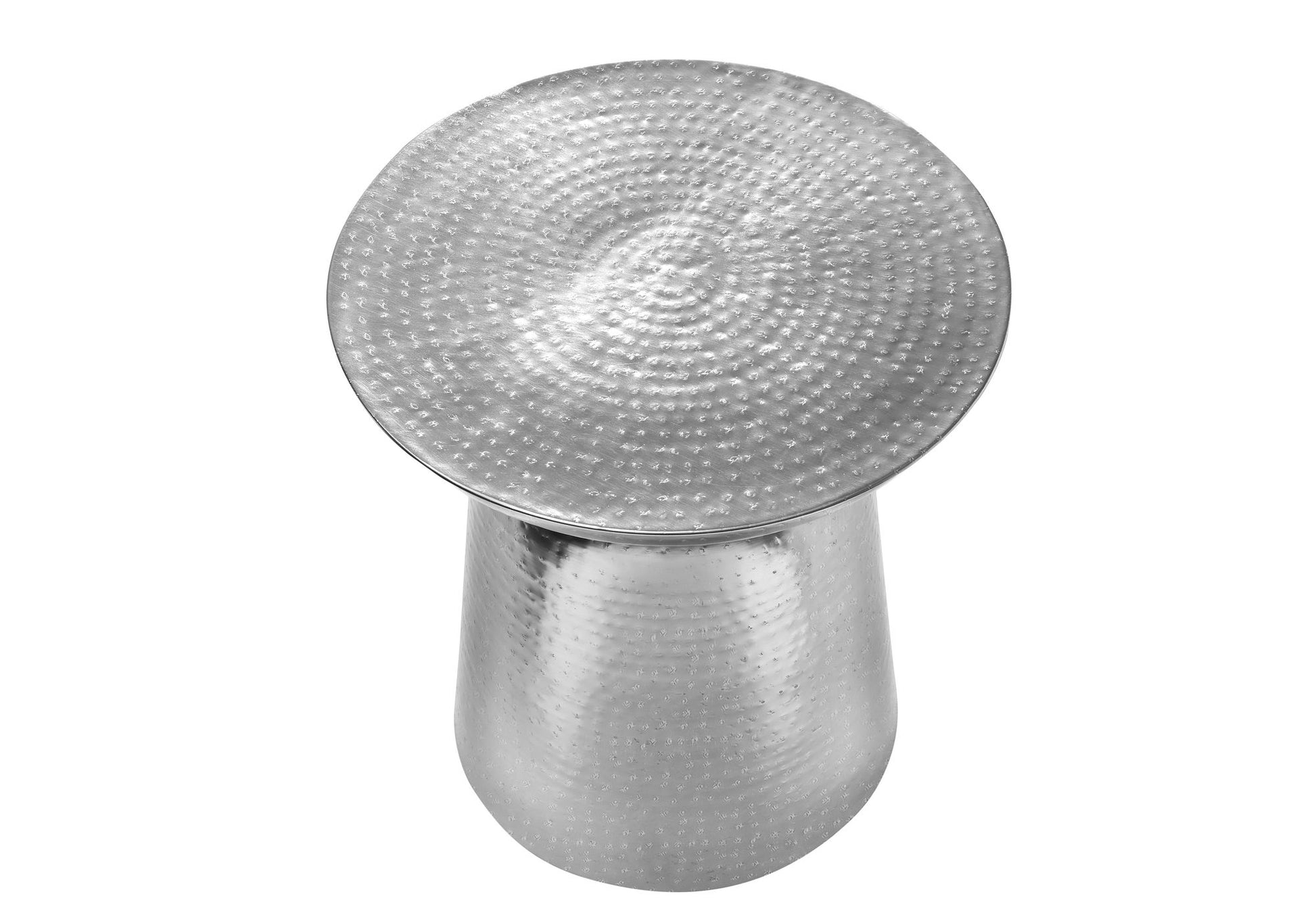 The Drum Accent Side Table features a metallic silver finish, cylindrical shape, hammered texture, and slightly flared base, as seen from above.