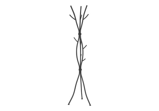 The Coat Rack Hall Tree is a contemporary, free-standing entryway piece featuring a minimalist black metal frame with 11 upward-angled hooks and four curved legs.