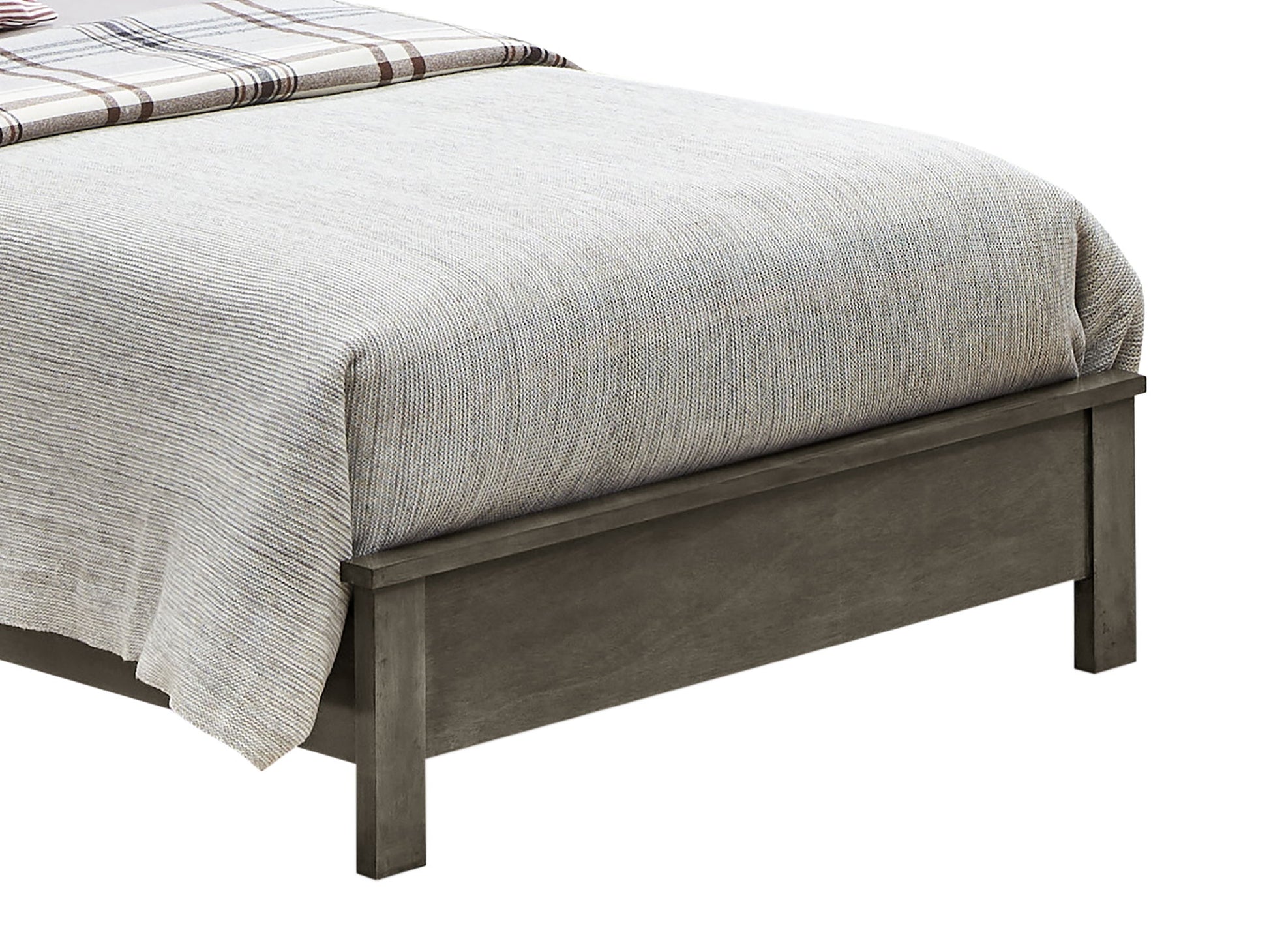 The image features the lower half of the Transitional Modern Design Bed with a gray wood frame, topped with a textured light gray bedspread and a plaid blanket draped at the corner.
