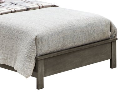 The image features the lower half of the Transitional Modern Design Bed with a gray wood frame, topped with a textured light gray bedspread and a plaid blanket draped at the corner.
