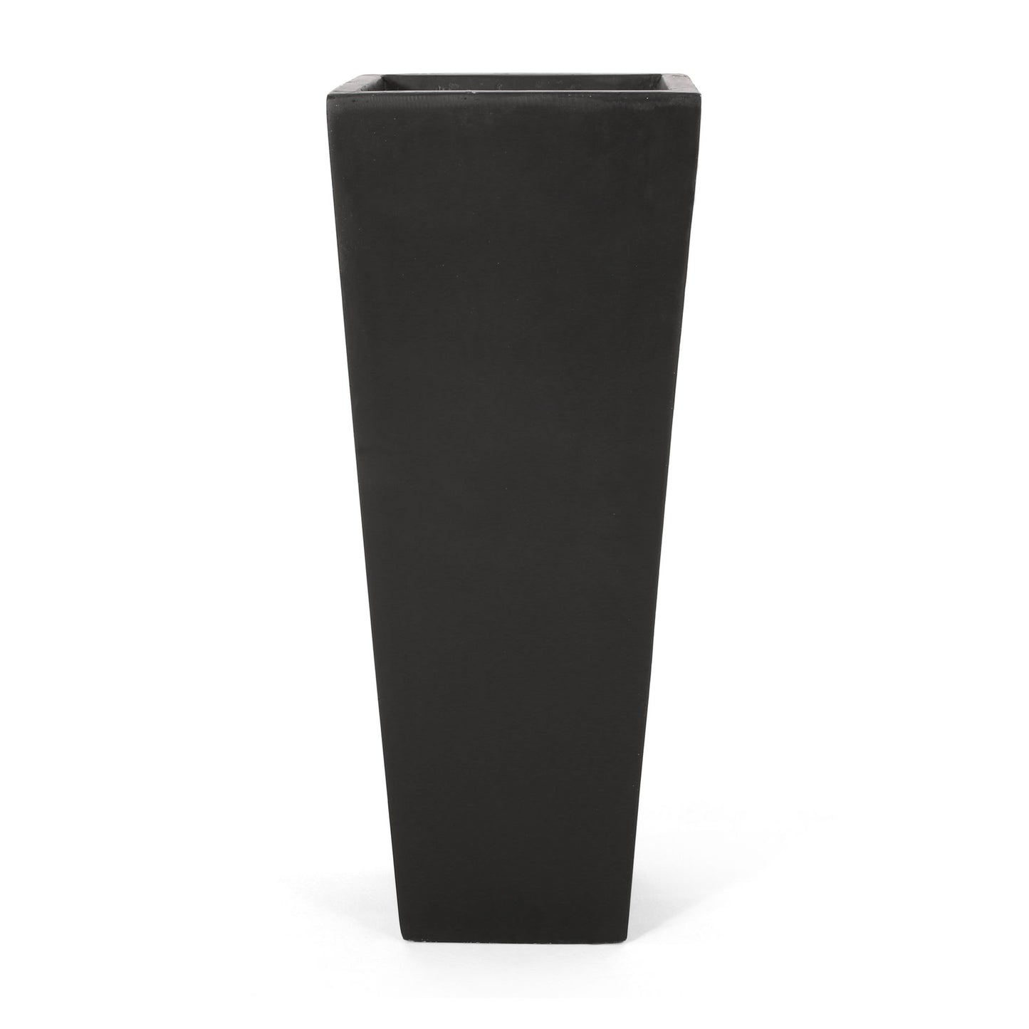 The Outdoor Modern Cast Stone Planter is a tall, black, rectangular planter with a slightly tapered design, shown against a white background.
