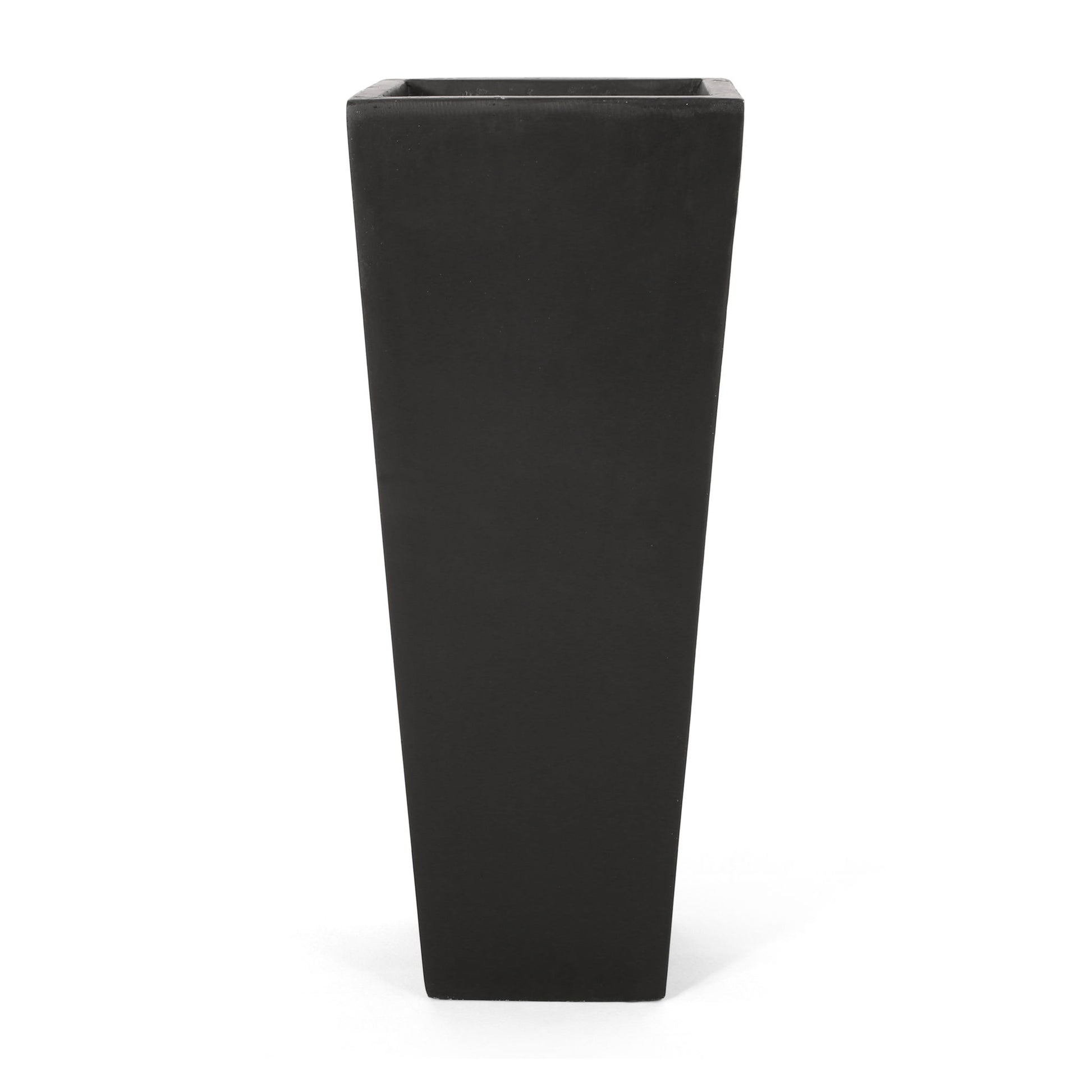 The Outdoor Modern Cast Stone Planter is a tall, black, rectangular planter with a slightly tapered design, shown against a white background.