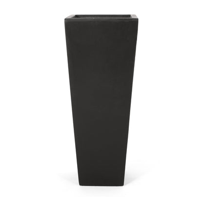 The Outdoor Modern Cast Stone Planter is a tall, black, rectangular planter with a slightly tapered design, shown against a white background.