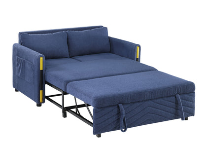 The Percy - Teddy Velvet Sleeper Loveseat features a blue upholstered finish, dual-pull mattress extension, two back cushions, yellow-accented armrests, a side pocket, and a visible black metal frame for support.