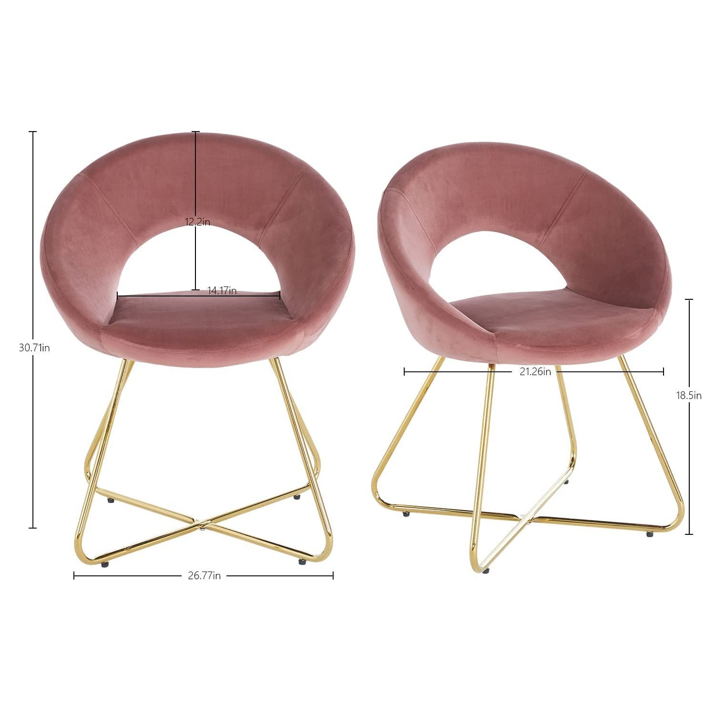 Set of two Modern Accent Velvet Lounge Chairs with pink velvet seats, open backrests, and gold crisscross metal legs. Chair dimensions (height, width, depth) are shown in inches next to the chairs.