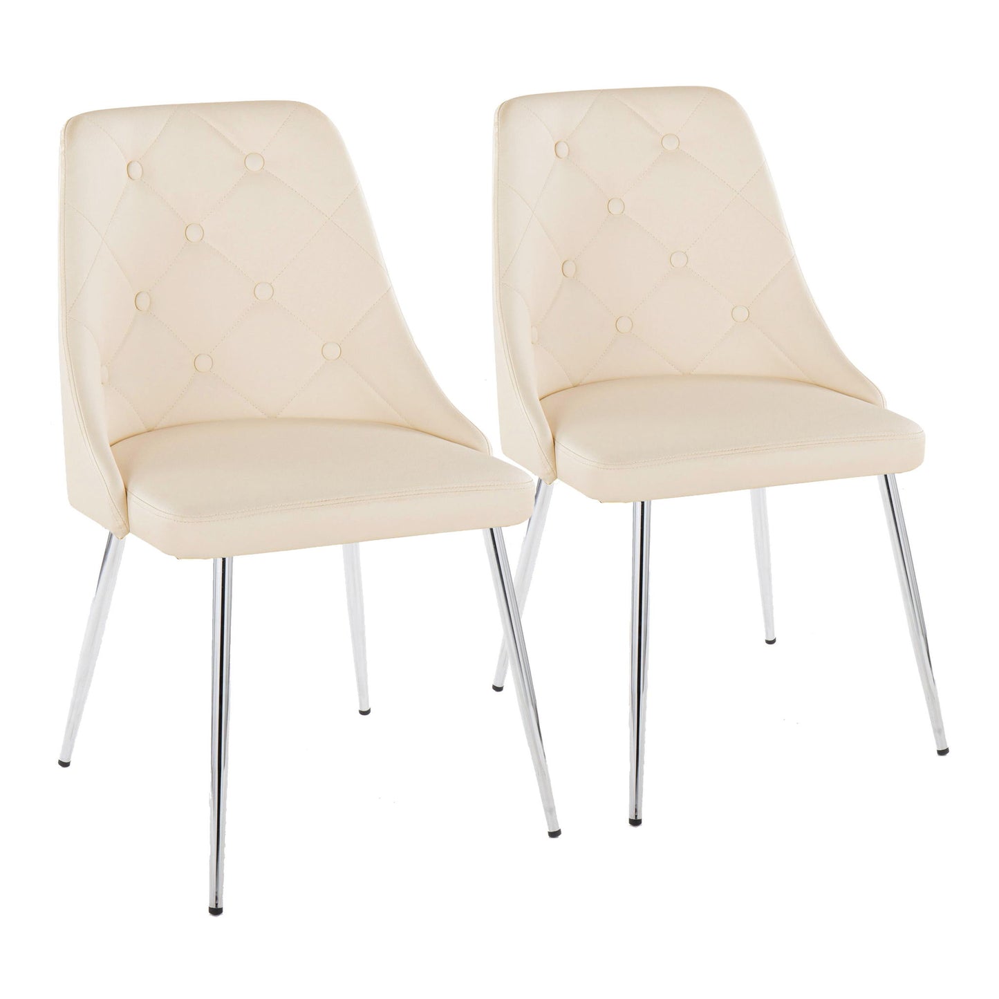 The Giovanni Contemporary Elegant Design Dining Chair set includes two modern beige upholstered chairs with diamond-tufted backs and chrome legs, shown side by side on a white background.