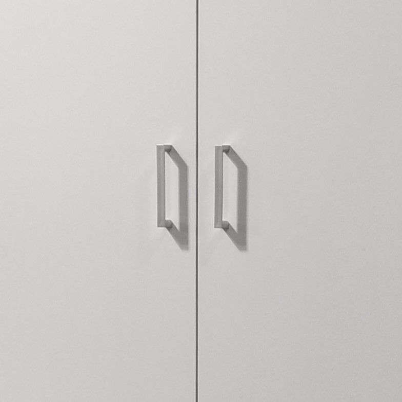 A close-up of two silver handles on the Alara Height Simplistic Modern Double Door Storage Cabinet in white.