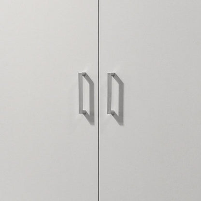 A close-up of two silver handles on the Alara Height Simplistic Modern Double Door Storage Cabinet in white.