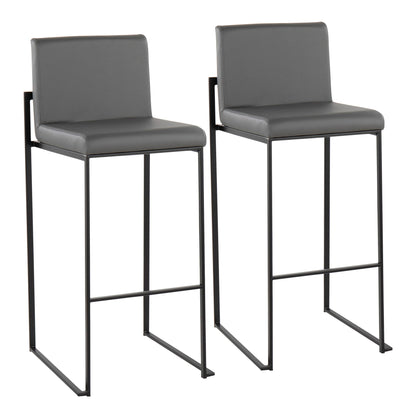 The Fuji Contemporary High Back Barstool features two elegant modern stools with dark gray upholstered seats and backs on black metal frames with footrests, offering a sleek minimalist and contemporary design.