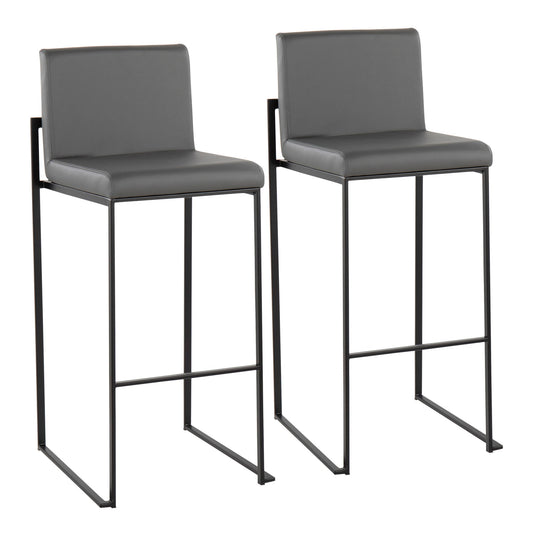 The Fuji Contemporary High Back Barstool features two elegant modern stools with dark gray upholstered seats and backs on black metal frames with footrests, offering a sleek minimalist and contemporary design.