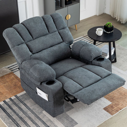 The Massage Recliner Chair Sofa With Heating Vibration, featuring cup holders and a side pocket, sits on a modern area rug in the living room beside a small round black table with a potted plant and white mug.