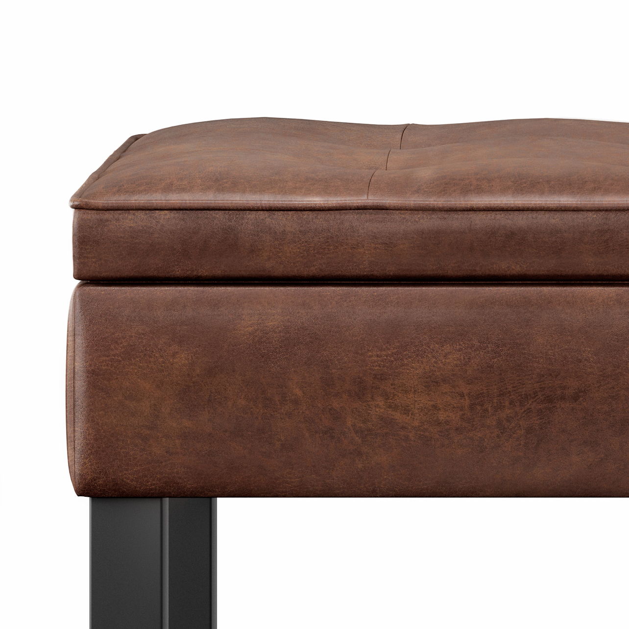 Close-up of the Cosmopolitan - Storage Ottoman Bench With Open Bottom, featuring a brown leather-cushioned seat with visible stitching and black metal legs, set against a white background.