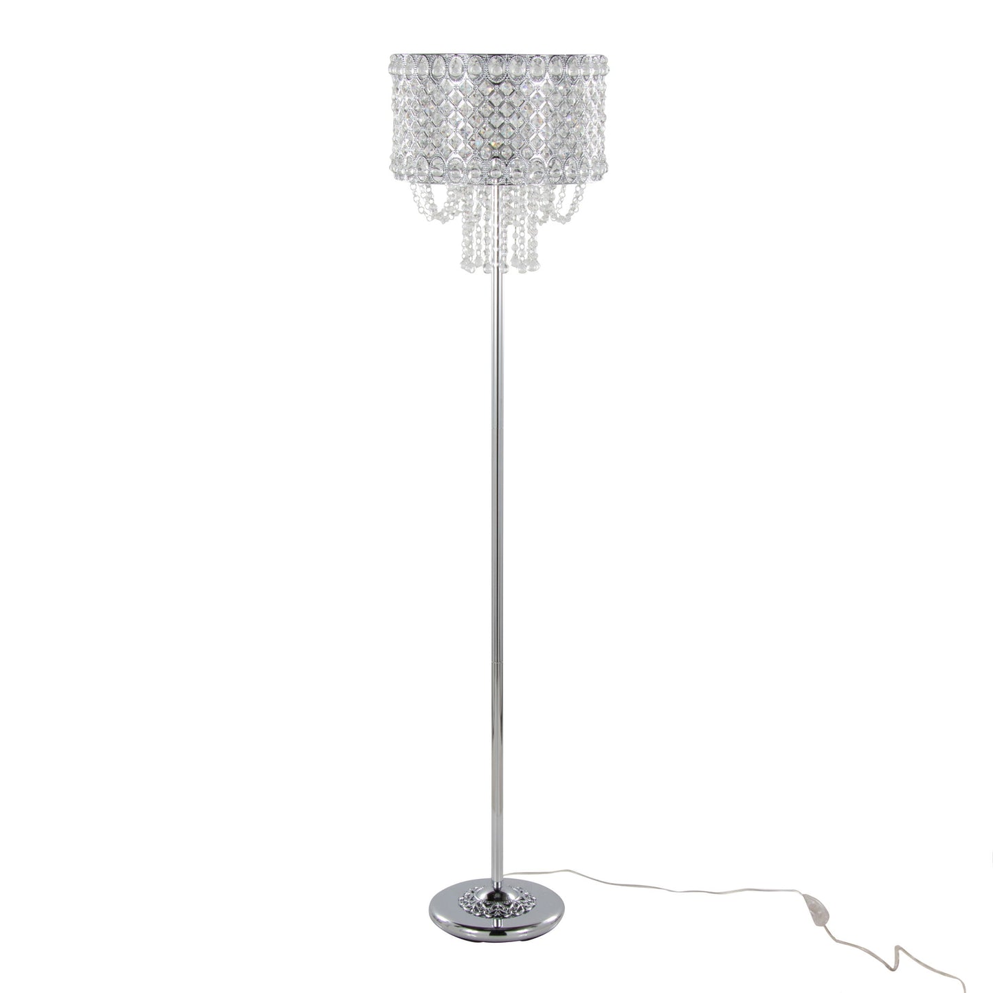 The Droplet - Contemporary Floor Lamp features a polished chrome base and stand, with a round shade adorned with clear crystal-like bead strands for a chandelier effect. An electrical cord is visible at the base.
