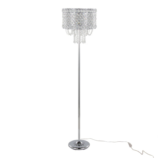 The Droplet - Contemporary Floor Lamp features a polished chrome base and stand, with a round shade adorned with clear crystal-like bead strands for a chandelier effect. An electrical cord is visible at the base.