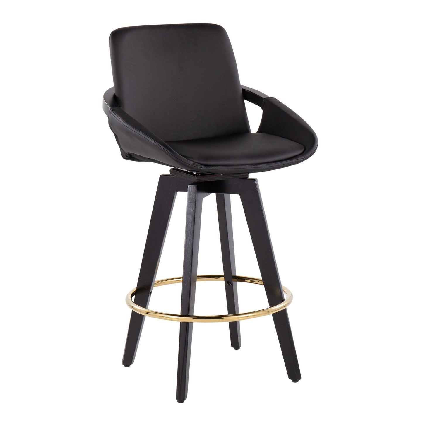Cosmo – A set of 2 contemporary fixed height counter stools with swivel, padded seat, low backrest, angled armrests, four wooden legs, and a round gold footrest.