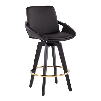 Cosmo – A set of 2 contemporary fixed height counter stools with swivel, padded seat, low backrest, angled armrests, four wooden legs, and a round gold footrest.