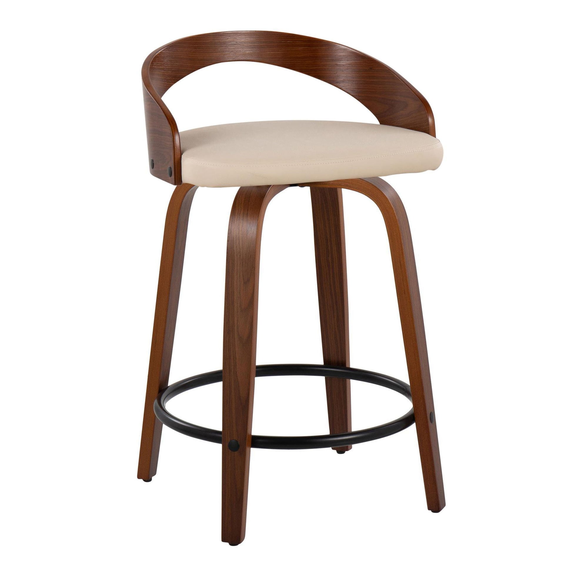 The Grotto Mid-Century Modern Counter Stool set features curved wooden backrests, beige cushioned seats, four wooden legs, and a round black metal footrest with fixed height and swivel functions.