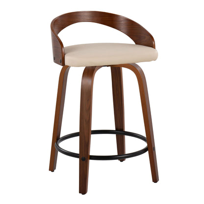 The Grotto Mid-Century Modern Counter Stool set features curved wooden backrests, beige cushioned seats, four wooden legs, and a round black metal footrest with fixed height and swivel functions.
