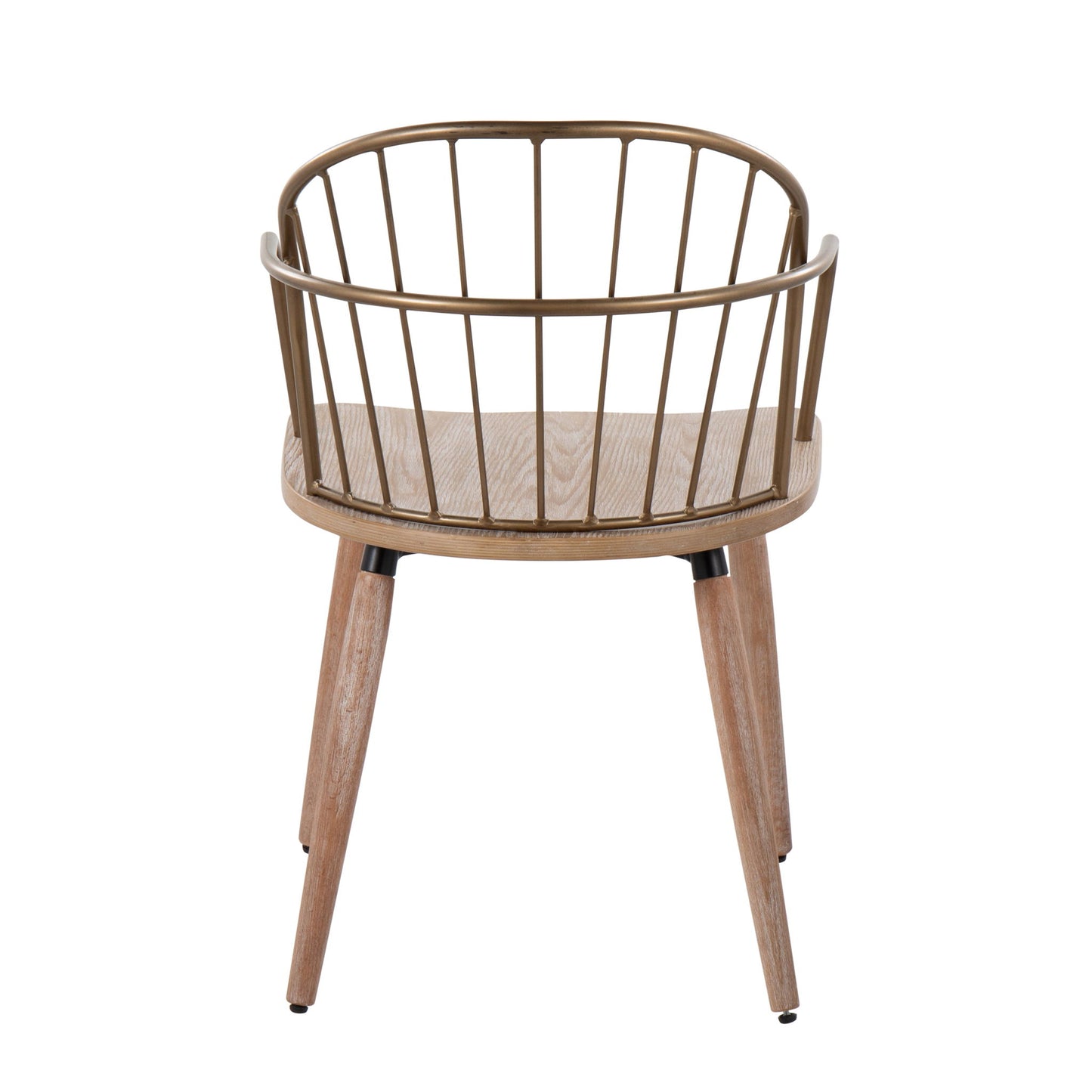 The Riley - Farmhouse Office Chair features angled wooden legs and a rounded, open-backrest with vertical metal rods, shown from behind against a white background.