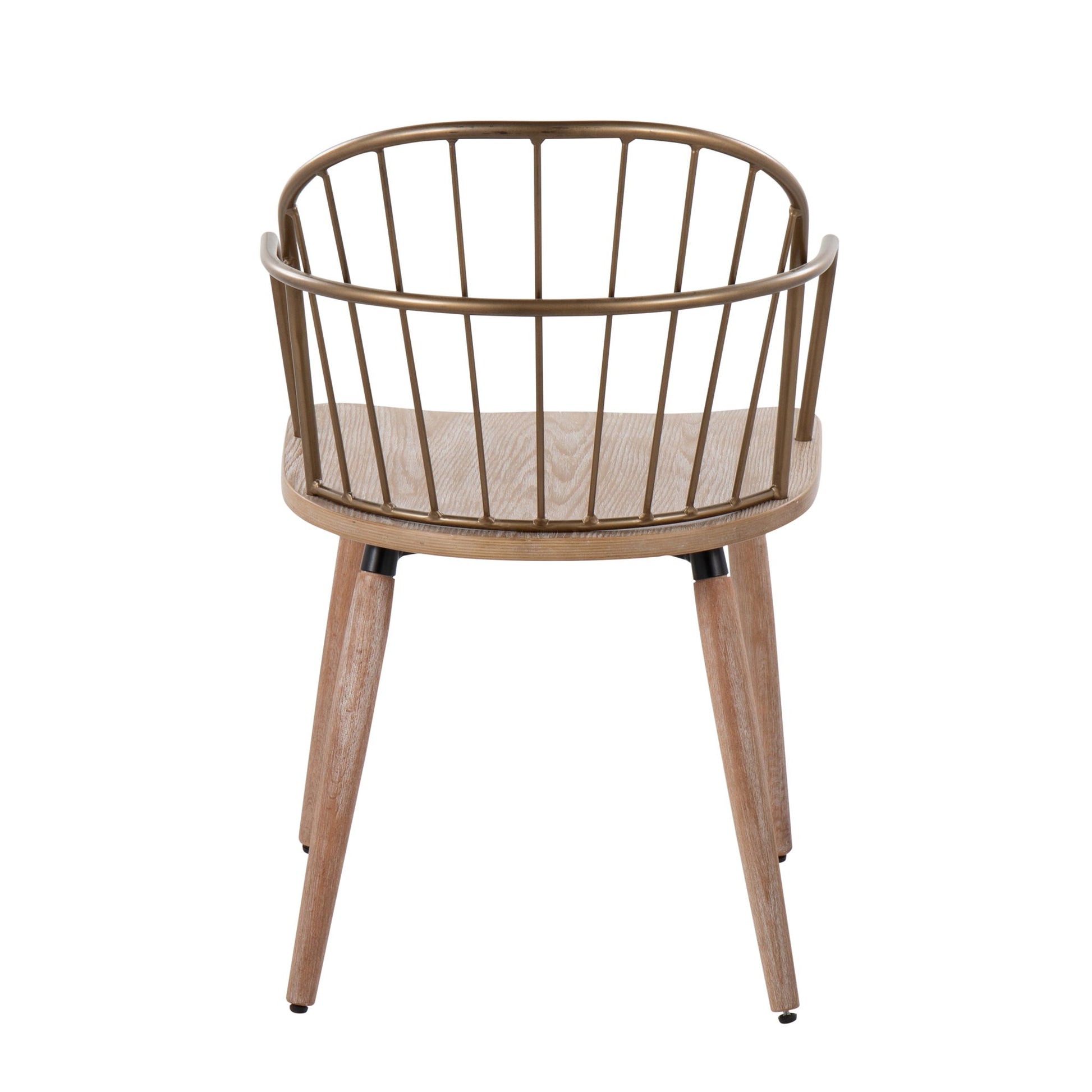 The Riley - Farmhouse Office Chair features angled wooden legs and a rounded, open-backrest with vertical metal rods, shown from behind against a white background.