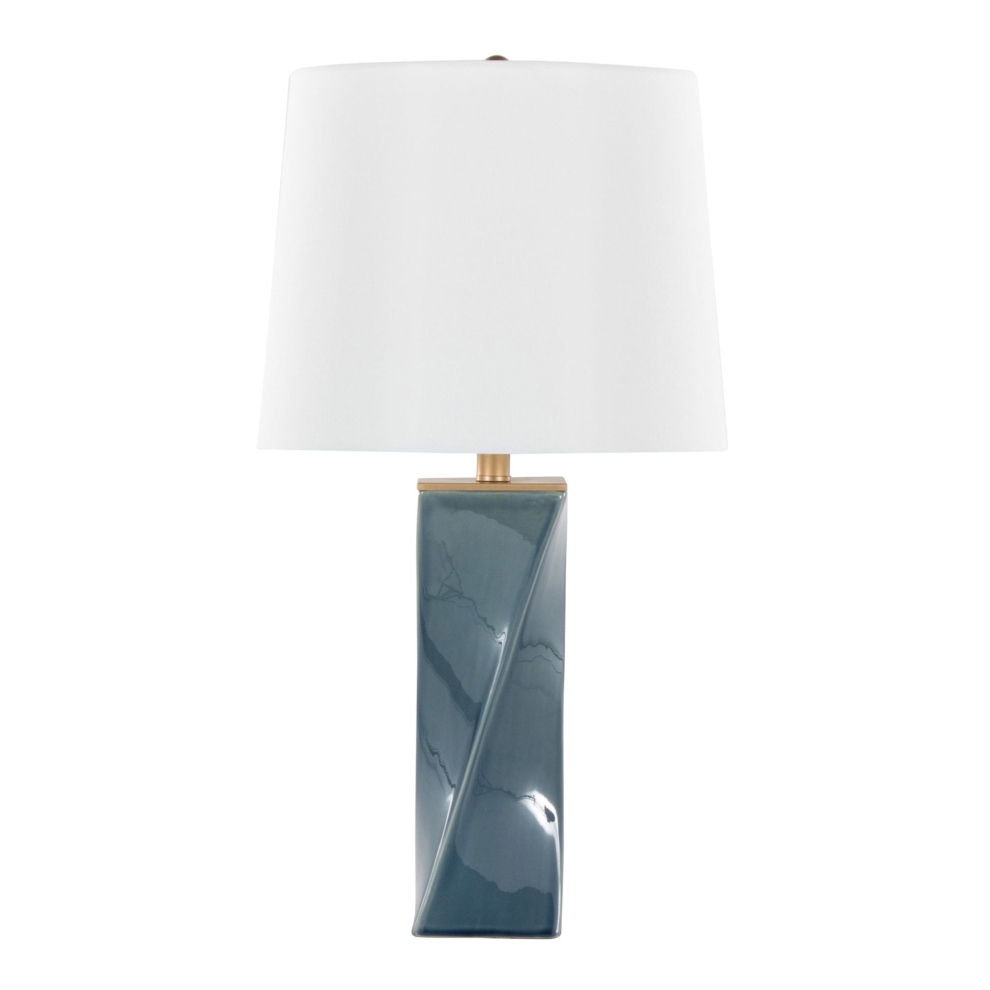 The Curvo - Square Contemporary Table Lamp features a glossy blue-gray rectangular ceramic base with a diagonal ridge and is topped with a large white fabric lampshade.