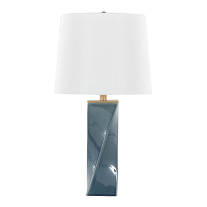 The Curvo - Square Contemporary Table Lamp features a glossy blue-gray rectangular ceramic base with a diagonal ridge and is topped with a large white fabric lampshade.