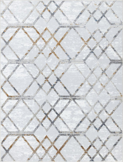 The Nova - GC_SOH9001 Area Rug features overlapping geometric shapes—diamonds and hexagons—in gray, white, and gold tones for a modern, textured look.