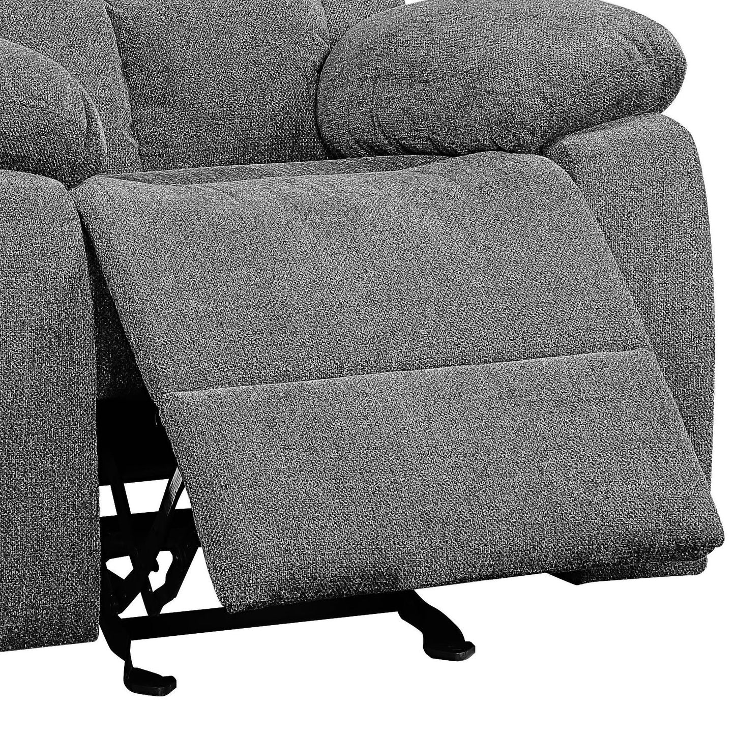 A close-up of the Kalen Chenille Glider Recliner in gray, featuring an extended footrest, textured chenille fabric, and padded armrests.