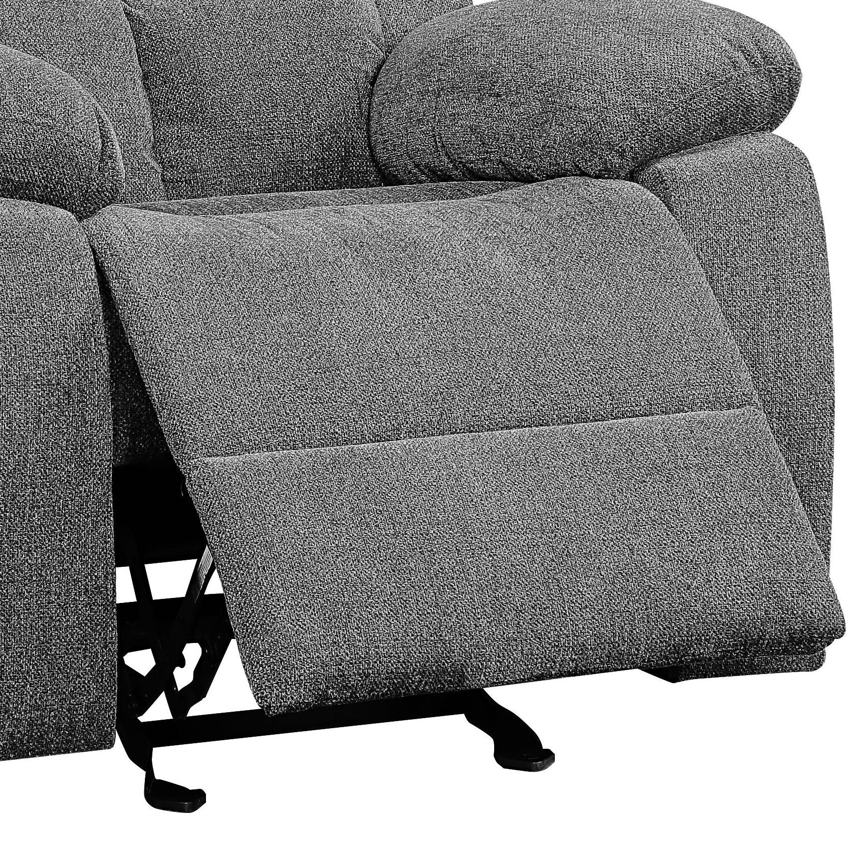A close-up of the Kalen Chenille Glider Recliner in gray, featuring an extended footrest, textured chenille fabric, and padded armrests.