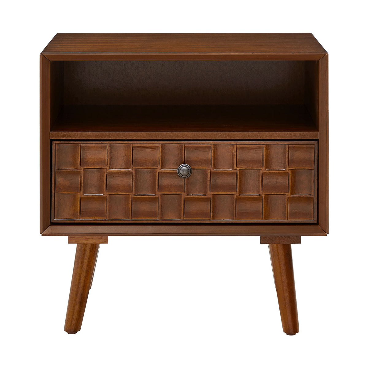 Nightstand With Carved Geometric Drawer Front, 1 Drawer And Open Shelf